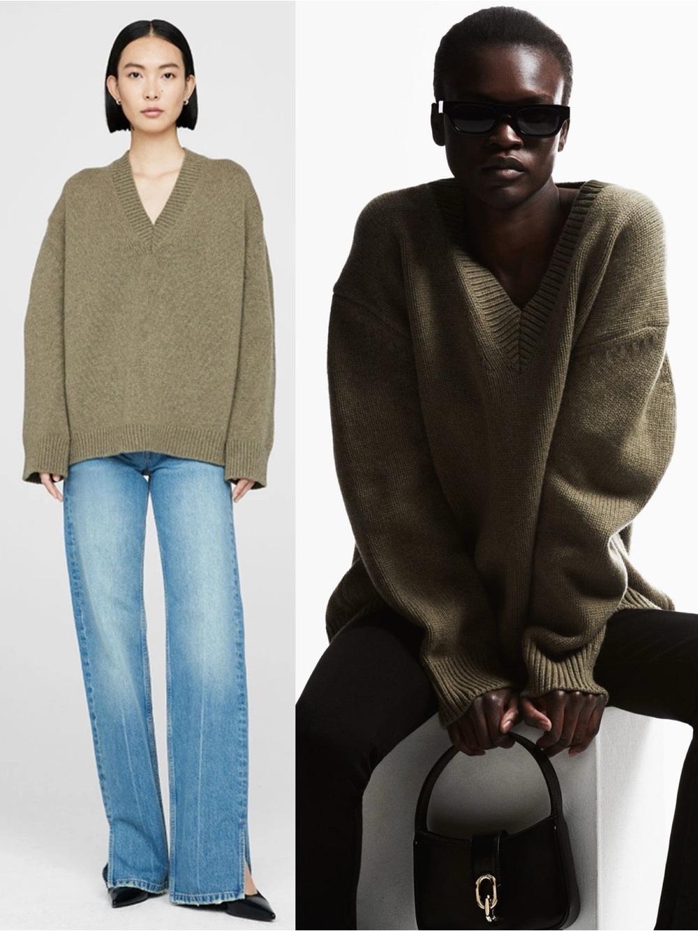 Anine Bing Rosie Cashmere Oversized V Neck Sweater Olive Green